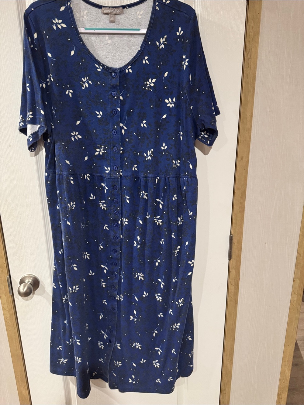 Woman Within Navy Blue Button-Front Midi Dress with White Floral Motif